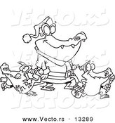 Vector of a Cartoon Alligator Santa with Little Gator Elves - Coloring Page Outline by Toonaday