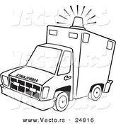 Vector of a Cartoon Ambulance with Lit Siren Light - Outlined Coloring Page by Toonaday