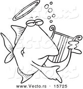 Vector of a Cartoon Angelfish Playing a Lyre - Coloring Page Outline by Toonaday