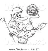 Vector of a Cartoon Angry Woman Pulling a Giant Dandelion Weed - Coloring Page Outline by Toonaday