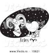 Vector of a Cartoon Aries Ram over a Black Starry Oval - Outlined Coloring Page Drawing by Toonaday