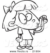 Vector of a Cartoon Asthmatic Girl Using Her Inhaler Puffer - Outlined Coloring Page by Toonaday
