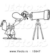 Vector of a Cartoon Astronomer Taking Notes and Peeking Through a Telescope - Outlined Coloring Page Drawing by Toonaday