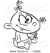 Vector of a Cartoon Baby Girl Holding a Flower - Outlined Coloring Page Drawing by Toonaday