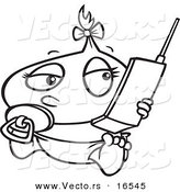 Vector of a Cartoon Baby Girl Using a Cell Phone - Outlined Coloring Page Drawing by Toonaday