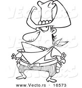 Vector of a Cartoon Bad Cowboy Ready to Draw His Guns - Outlined Coloring Page Drawing by Toonaday