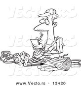 Vector of a Cartoon Barefoot Hiker with Blisters on His Feet, Writing in His Journal - Coloring Page Outline by Toonaday
