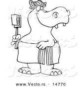 Vector of a Cartoon Bath Time Hippo in a Towel, Holding a Scrub Brush - Coloring Page Outline by Toonaday