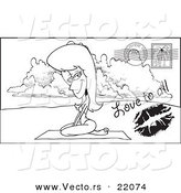 Vector of a Cartoon Beach Woman on a Post Card - Outlined Coloring Page by Toonaday