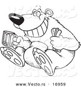 Vector of a Cartoon Bear Sitting with a Hot Dog and Beer - Coloring Page Outline by Toonaday