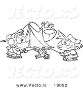 Vector of a Cartoon Bear Watching Camping Boys Roast Marshmallows - Outlined Coloring Page by Toonaday