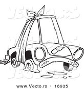 Vector of a Cartoon Beater Car with Bandages and Flat Tire - Coloring Page Outline by Toonaday