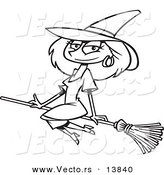 Vector of a Cartoon Beautiful Witch Sitting on Her Broomstick - Coloring Page Outline by Toonaday