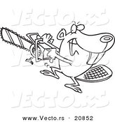 Vector of a Cartoon Beaver Using a Chainsaw - Coloring Page Outline by Toonaday