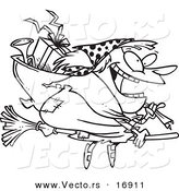 Vector of a Cartoon Befana Witch Flying with Gifts - Coloring Page Outline by Toonaday