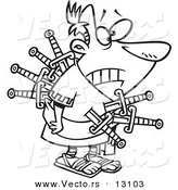 Vector of a Cartoon Betrayed Caesar Stabbed with Swords on the Ides of March - Outlined Coloring Page by Toonaday