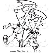 Vector of a Cartoon Big Brother Walking with His Little Brother - Coloring Page Outline by Toonaday