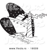 Vector of a Cartoon Big Ship near a Light House - Outlined Coloring Page by Toonaday