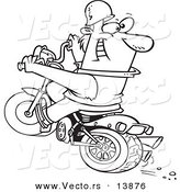 Vector of a Cartoon Biker Riding a Blue Hog and Looking Back - Coloring Page Outline by Toonaday