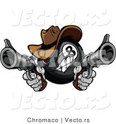 Vector of a Cartoon Billiards Eight Ball Mascot Cowboy Pointing 2 Guns While Grinning by Chromaco
