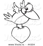 Vector of a Cartoon Bird Flying with a Love Heart - Coloring Page Outline by Toonaday