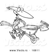 Vector of a Cartoon Bird Landscaper Pushing a Wheel Barrow - Coloring Page Outline by Toonaday