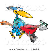 Vector of a Cartoon Bird Pushing a Wheel Barrow with Landscaping Gardener Tools by Toonaday