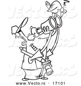 Vector of a Cartoon Bird Sitting on a Man's Binoculars - Coloring Page Outline by Toonaday