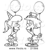Vector of a Cartoon Birthday Boy and Girl with Balloons - Outlined Coloring Page by Toonaday