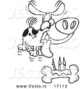 Vector of a Cartoon Birthday Dog with a Bone Cake - Coloring Page Outline by Toonaday