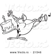 Vector of a Cartoon Birthday Frog Holding a Cake and Using a Noise Maker - Outlined Coloring Page by Toonaday