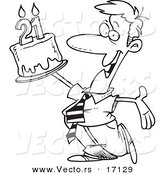 Vector of a Cartoon Birthday Man Holding up a Cake - Coloring Page Outline by Toonaday