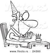 Vector of a Cartoon Birthday Man Seated Before His Cupcake - Outlined Coloring Page by Toonaday