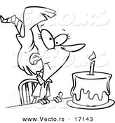 Vector of a Cartoon Birthday Woman with a Cake - Coloring Page Outline by Toonaday