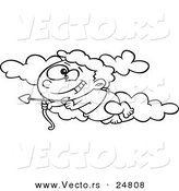 Vector of a Cartoon Black and White Outline Baby Cupid Flying in the Sky with an Arrow - Outlined Coloring Page by Toonaday