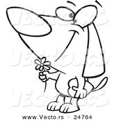 Vector of a Cartoon Black and White Outline Courting Valentines Day Dog with a Flower and Candy Box - Outlined Coloring Page by Toonaday