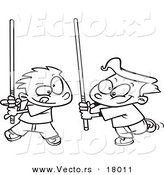 Vector of a Cartoon Black and White Outline Design of Boys Playing with Light Sabres - Outlined Coloring Page by Toonaday