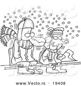 Vector of a Cartoon Black and White Outline Design of Diehard Fans Sitting in the Snow - Outlined Coloring Page by Toonaday