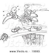 Vector of a Cartoon Black and White Outline Design of Items Flying at a Rooster on a Fence - Outlined Coloring Page by Toonaday