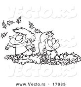Vector of a Cartoon Black and White Outline Design of Kids Playing in Leaves - Outlined Coloring Page by Toonaday
