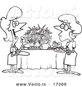 Vector of a Cartoon Black and White Outline Design of Ladies Talking and Eating at a Buffet - Coloring Page Outline by Toonaday