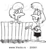 Vector of a Cartoon Black and White Outline Design of Lady Neighbors Chatting over a Fence - Outlined Coloring Page by Toonaday