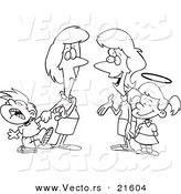 Vector of a Cartoon Black and White Outline Design of Mothers with Contrasting Kids - Outlined Coloring Page by Toonaday