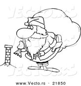 Vector of a Cartoon Black and White Outline Design of Santa Inspecting a Tiny Chimney - Outlined Coloring Page by Toonaday