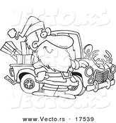 Vector of a Cartoon Black and White Outline Design of Santa Standing by His Redneck Truck - Coloring Page Outline by Toonaday