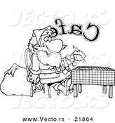 Vector of a Cartoon Black and White Outline Design of Santa Taking a Break in a Cafe - Outlined Coloring Page by Toonaday