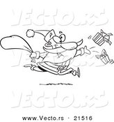 Vector of a Cartoon Black and White Outline Design of Santa Tossing Gifts - Outlined Coloring Page by Toonaday