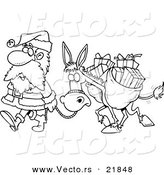 Vector of a Cartoon Black and White Outline Design of Santa Walking with a Donkey - Outlined Coloring Page by Toonaday