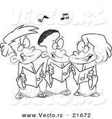Vector of a Cartoon Black and White Outline Design of Singing Kids in a Choir - Outlined Coloring Page by Toonaday
