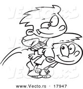 Vector of a Cartoon Black and White Outline Design of Two Boys Playing Leap Frog - Outlined Coloring Page by Toonaday